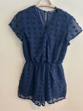Navy Textured Polka Romper - Women Shorts